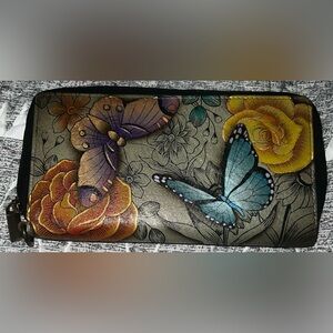 Anna by Anuschka Hand Painted Leather Zip-Around wallet, Floral Paradise Tan